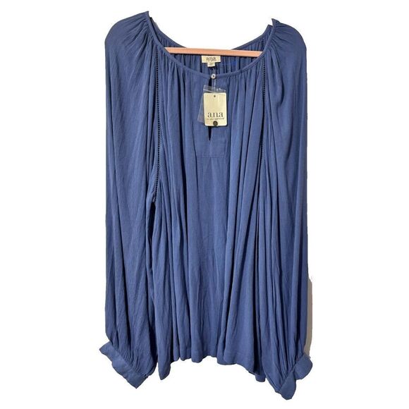 NWT A.N.A Women's Blouse Top Bijou Blue 5X Pleated Scoop Neck Balloon Sleeve - Picture 1 of 9